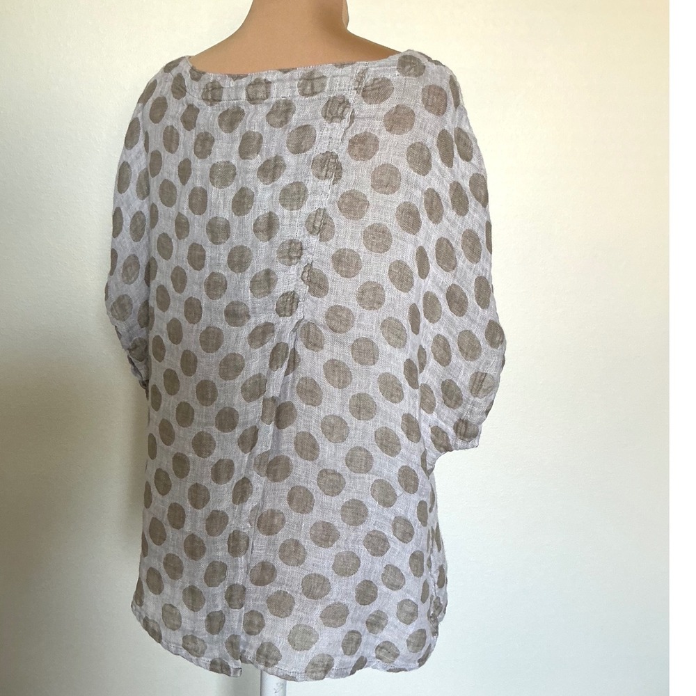 FLAX Linen Polka Dot Boxy Top Small Taupe Lagenlook Artsy Short Sleeve - Picture 11 of 11